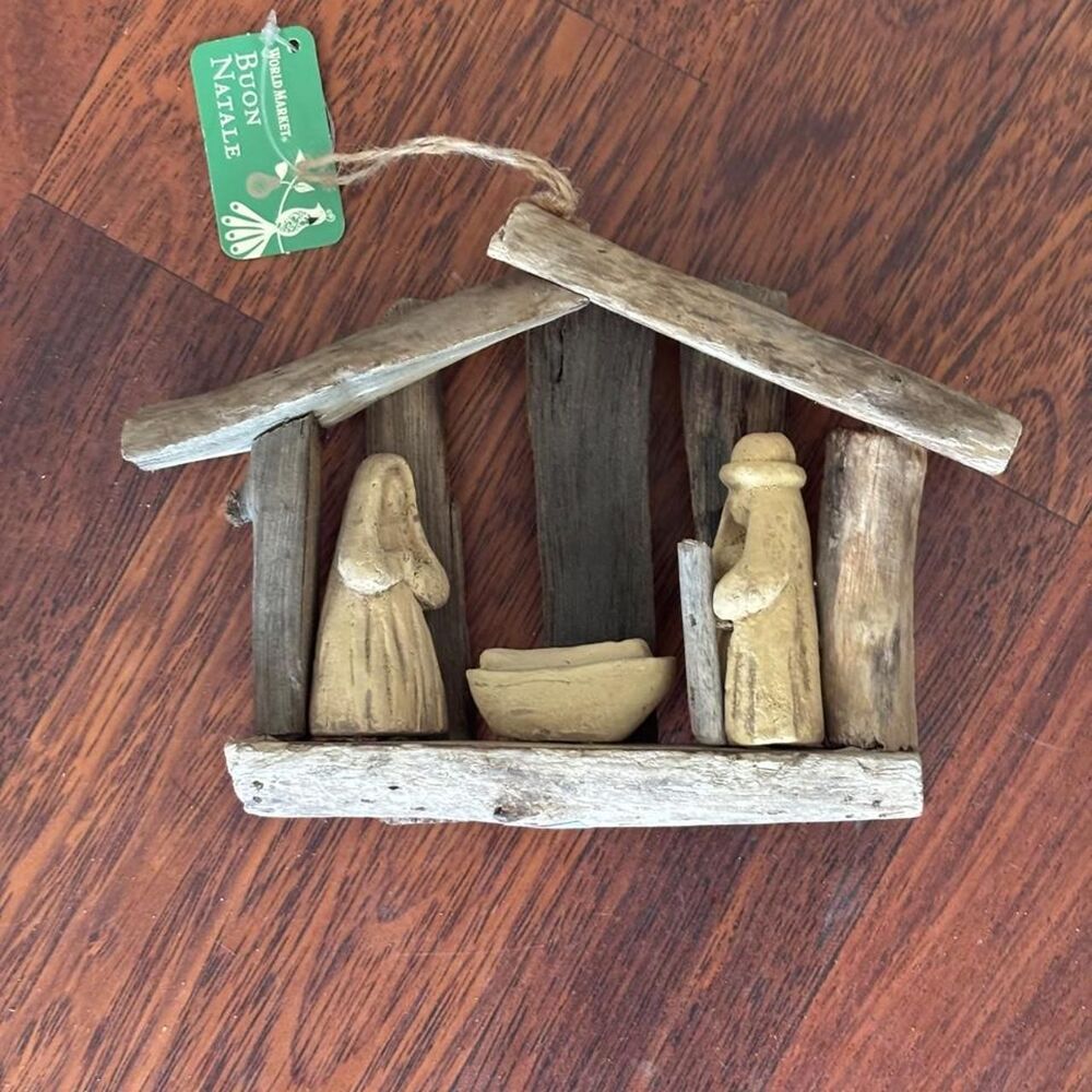Italian, Buon Natale nativity scene, wood Christmas ornament